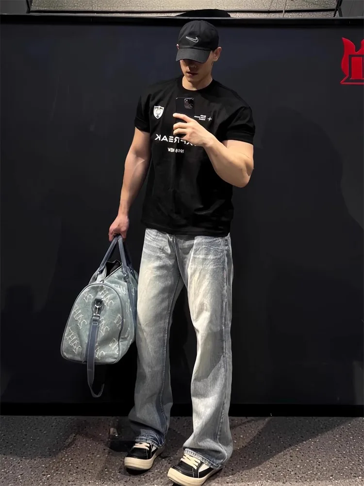 

Голубые мужские джинсы с рисунком громмы, летние тонкие прямые свободные брюки до колена, дышащие прямые брюки