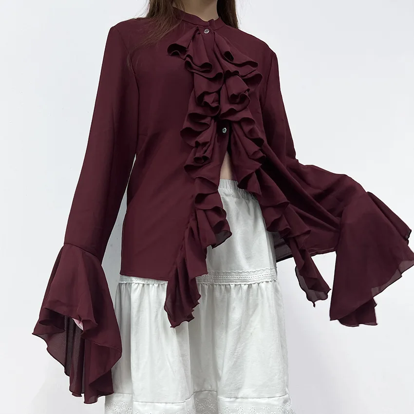 

Fmxires New Elegant Ladies Chiffon Shirt Top Fashion O-Neck Trumpet Sleeve Ruffled Single-Breasted Loose Casual Solid Color Top