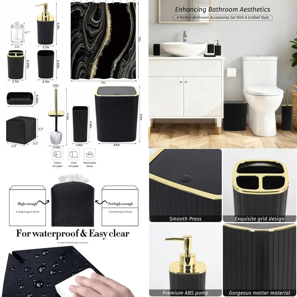 

Complete 21-Piece Black Bathroom Accessory Set: Shower Curtain, Mats, Trash Bin, Dispenser, Soap Dish, Brush, Holders, Cups, Tis