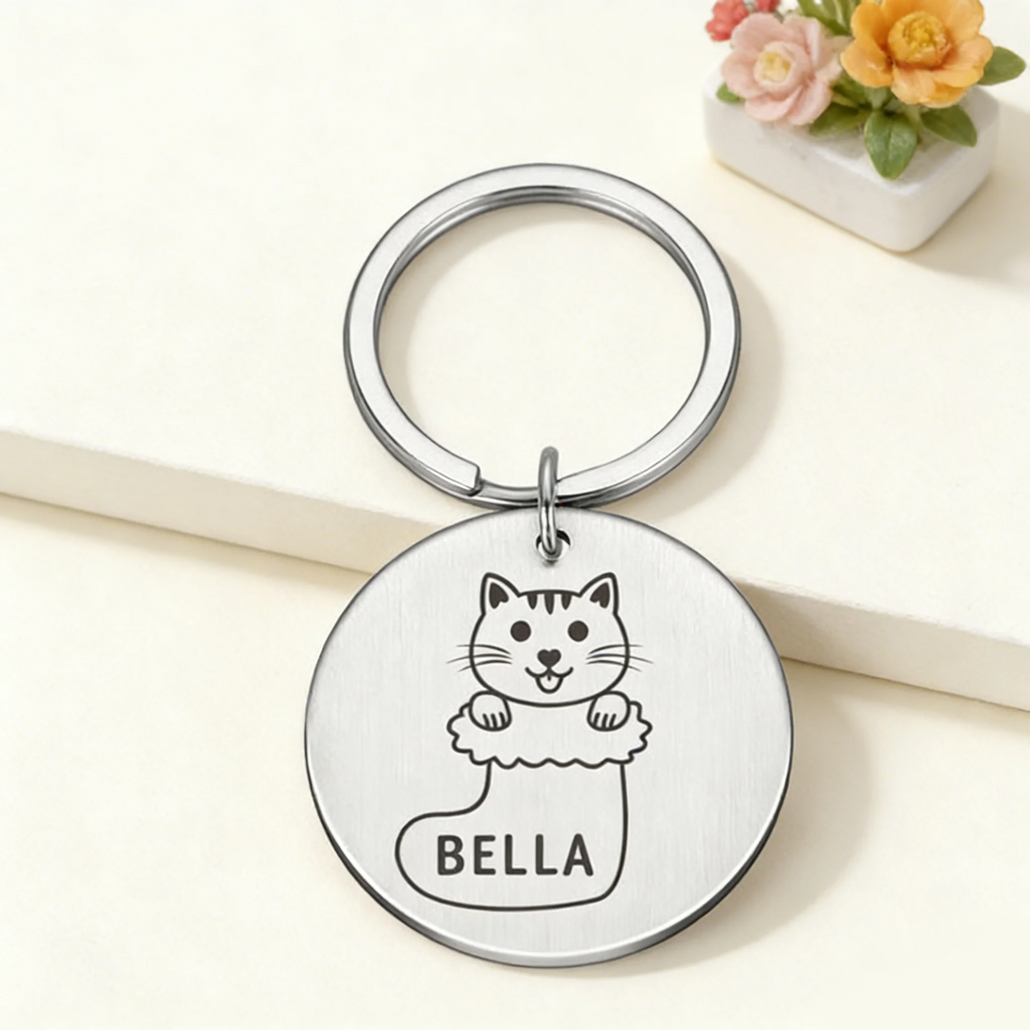Customized pet nameplate with circular stainless steel text, digital engraved dog and cat collar ID tag, name, phone number, add