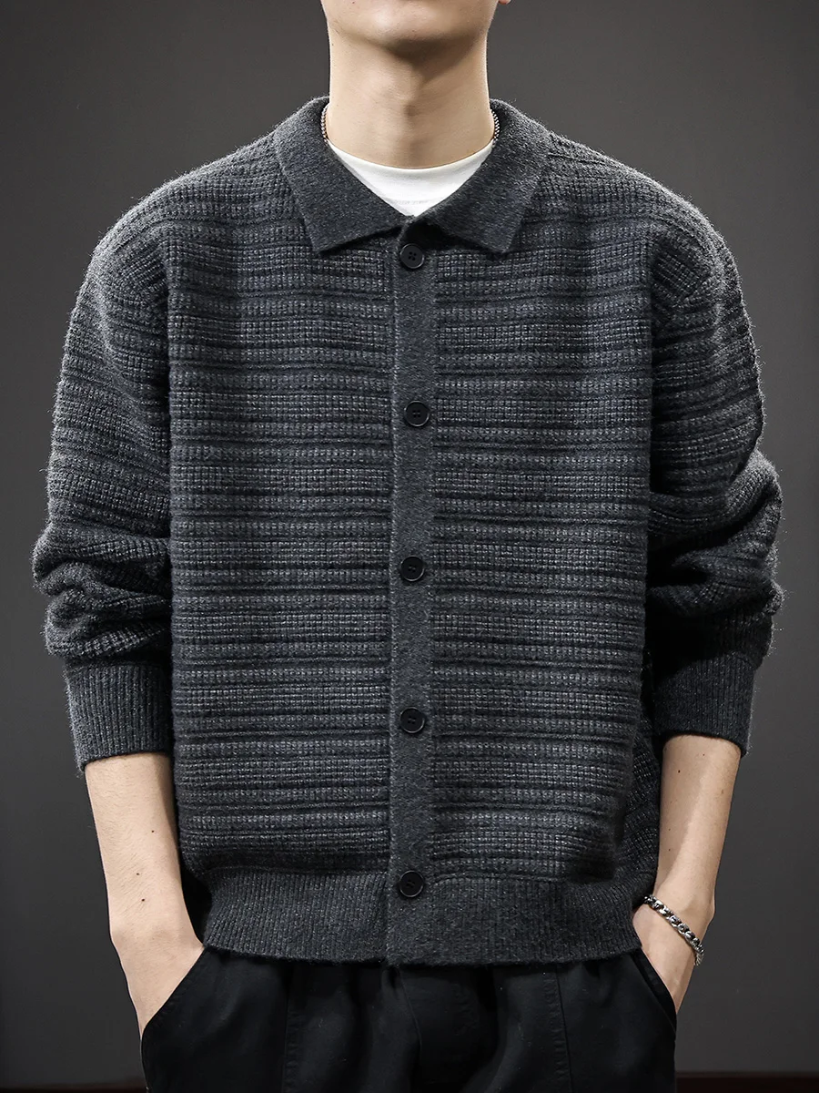 Męski sweter rozpinany z dzianiny, luźny krój, styl lazy, amerykański retro, zimowa odzież wierzchnia, długi rękaw, wygodny.