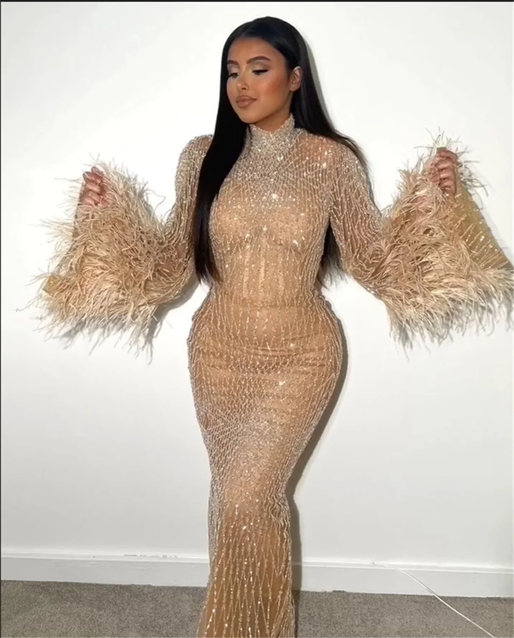 Customized 2025 Nude Illusion Cut Out Lace Beaded Feather Mermaid Long Evening Dresses Gowns For Women Party فساتين سهره نسائيه