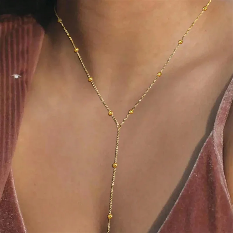 Vintage Gold Color Long Chain Drop Necklaces for Women Simple Metal Geometric Bead Tassel Choker Girls Party Aesthetics Jewelry image 2