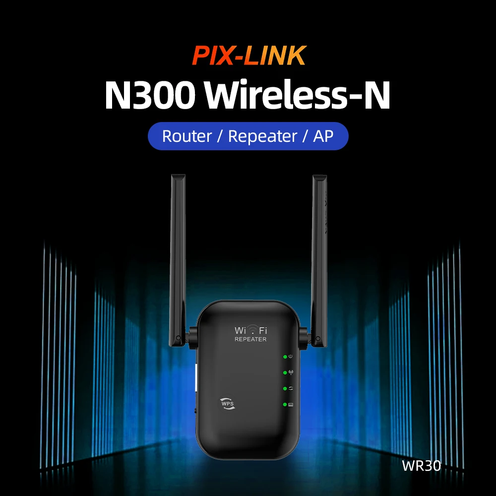 

PIX-LINK WR30 N300 WiFi Repeater 300Mbps Wireless Signal Booster Router/AP Mode Wall Penetration WPS Easy Setup Home Office Rang
