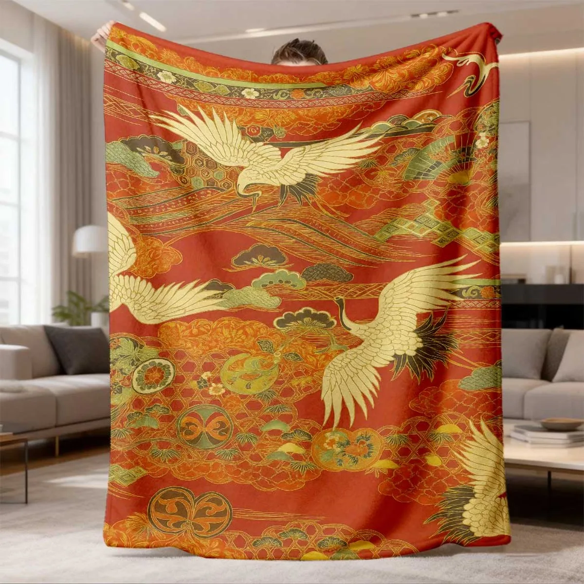 Ornate Chinese Crane Art Throw Blanket Luxury Oriental Decor Couch Wrap Sofa Throw 150x200cm