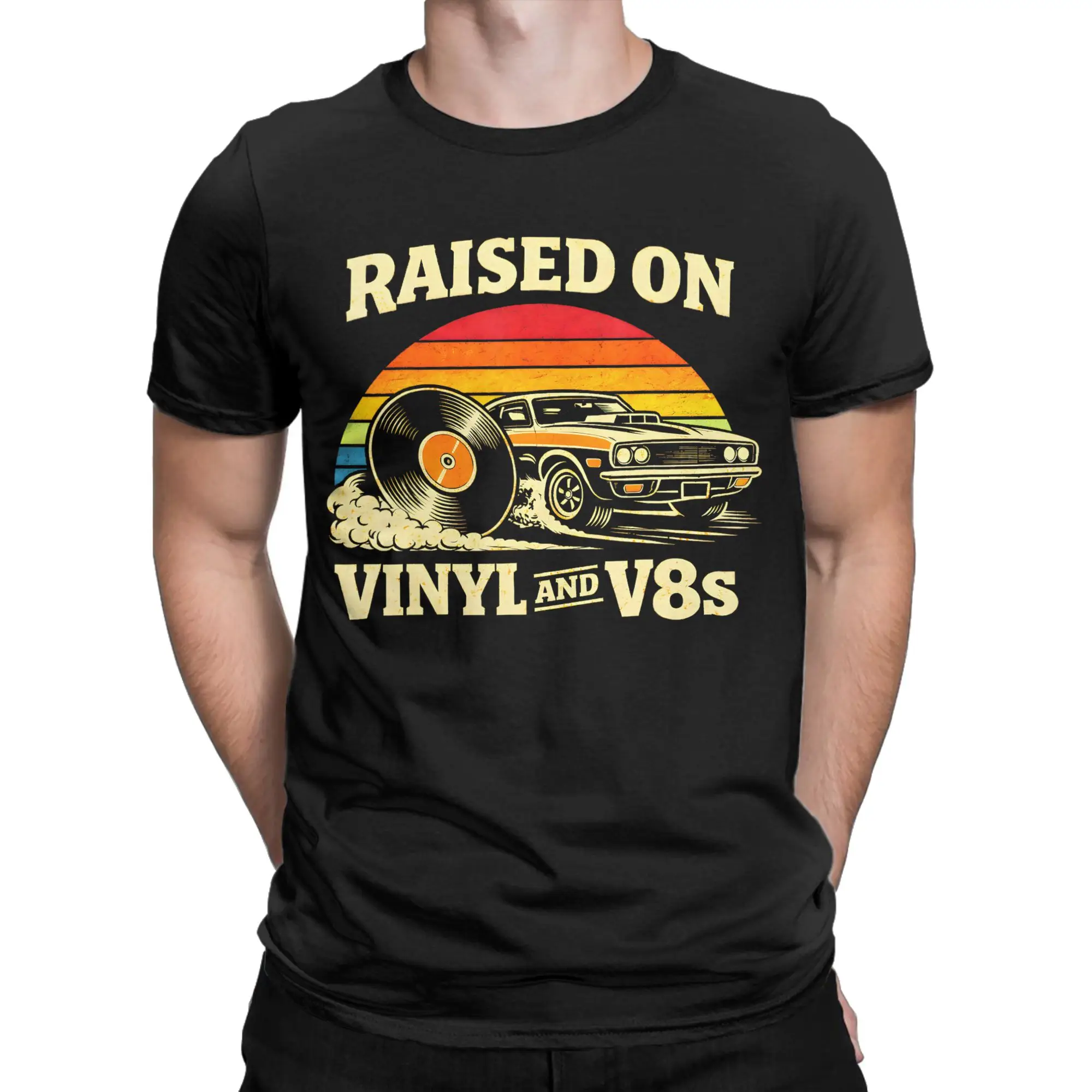 Raised On Vinyl and V8s Retro Car Music Culture Men T Shirt  Funny Tees Short Sleeve Crew Neck T-Shirts 100% Cotton 6XL Tops
