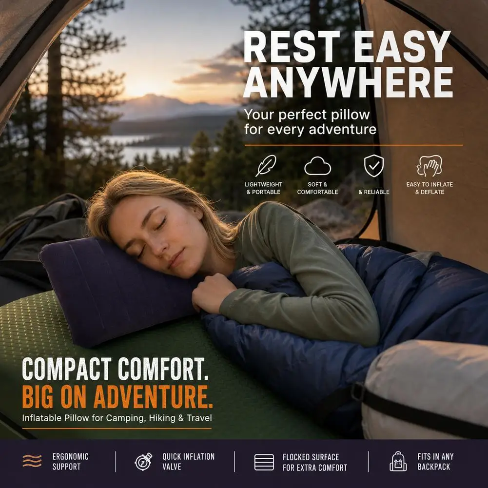 Inflatable Travel Pillow Camping Flocking Air Cushion Portable Foldable Ultralight Neck Lumbar Support Tent Airplane Beach Sleep