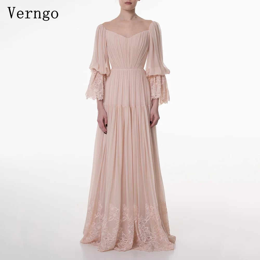 

Verngo Light Pink Chiffon Evening Dress O Neck Puff Long Sleeves Formal Occasion Dress Elegant Prom Party Dress Customized