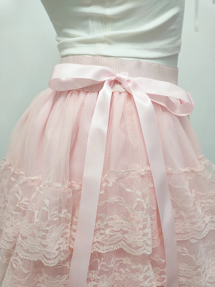 Pink Multilayered Lace Skirts for Sweet Girls Summer Bows Decoration Elastic Waist Lolita Style Cute Skirt Kawaii Clothes