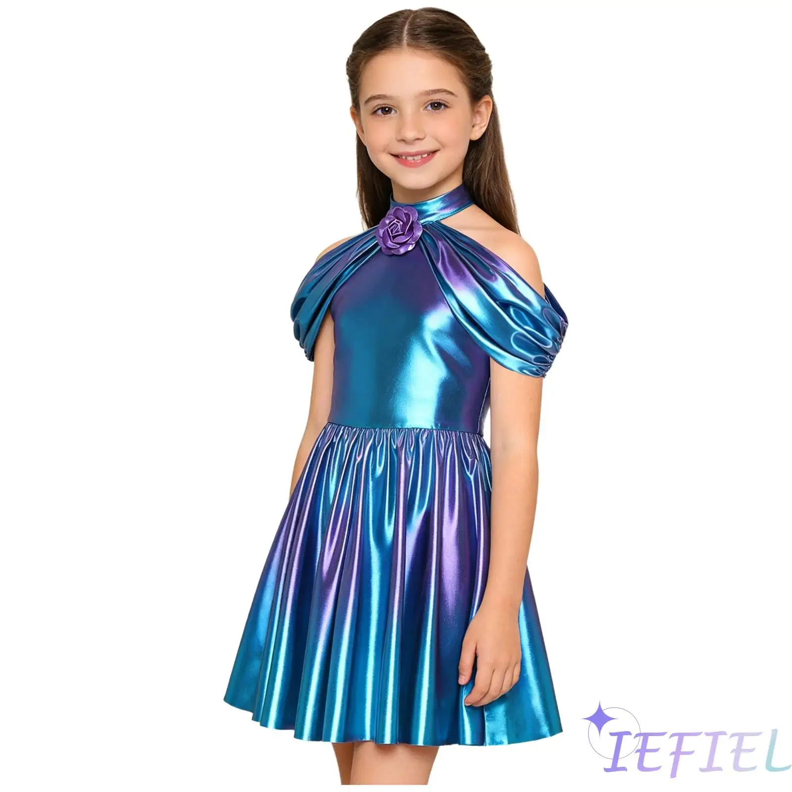 

Kids Girls Disco Party Dance Dress with 3D Flower Brooch Mock Neck Cold Shoulder Ruffled Sleeve A-line Dress Prom Jazz Dancewear