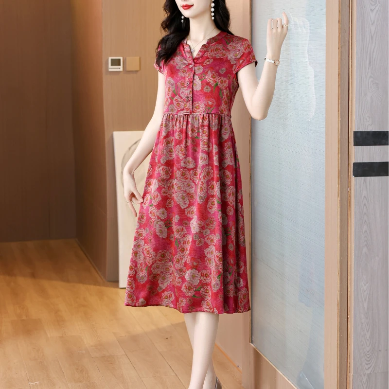 Summer Women Red Satin Vintage Luxury Bodycon Dress 2025 Office Lady Floral Silk Midi Dress Elegant Casual Night Party Vestidos