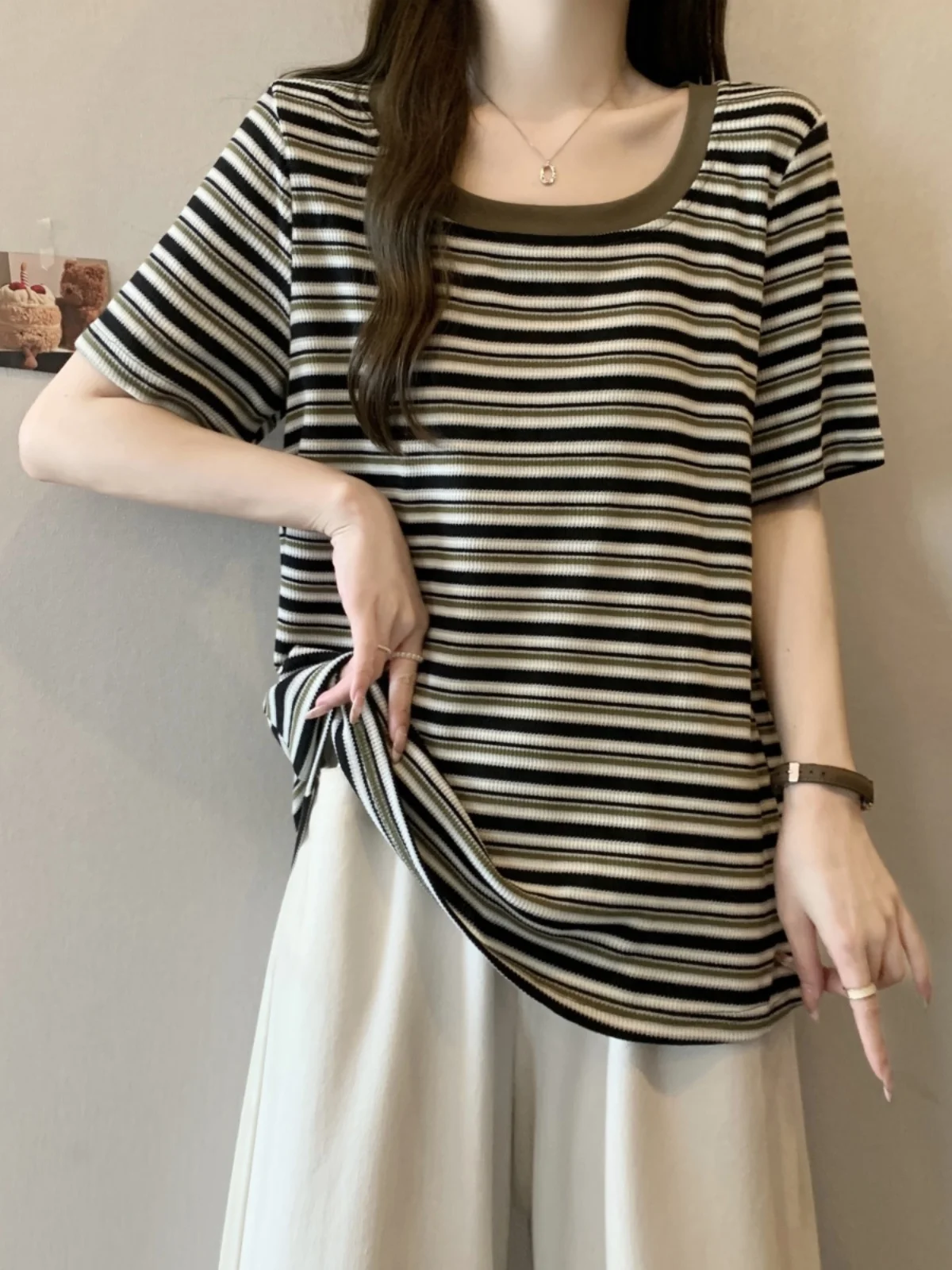 Loose Striped Short Sleeve T-Shirt Women's Summer plus Size Square Collar Base Shirt Fat MM Slimming Belly Covering Top