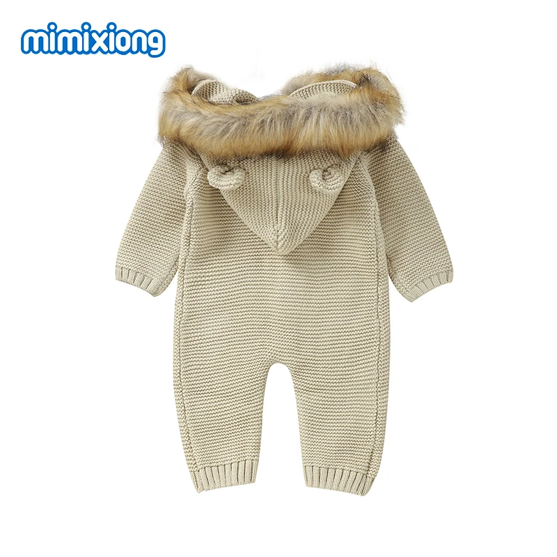 Winter Warm Baby Rompers with Hood Long Sleeve Knit Newborn Boys Girls Camel Jumpsuits Playsuits One Piece Toddler Unisex Outfit