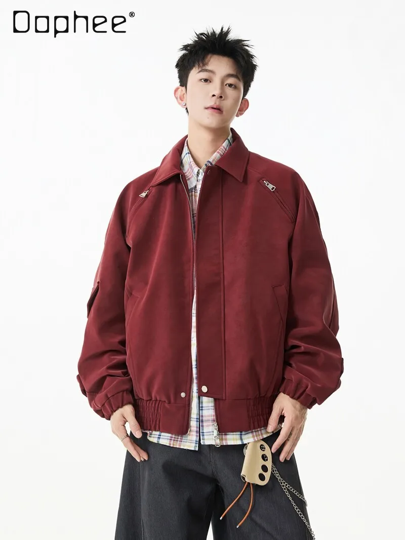Double Zipper Design Motorcycle Gray Black PU Leather Jacket American Retro Style Tie-Dye Casual Red Navy Blue Men's Jacket