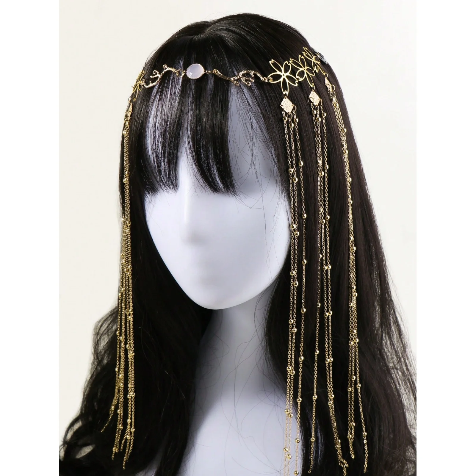 1 x goldene Quasten-Kopfkette – Boho-Vintage-Haarschmuck mit Blumenmuster für Frauen, Festival-Party-Accessoire