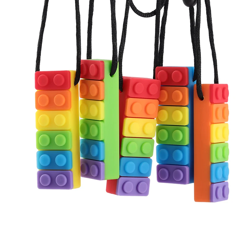 5PCS Rainbow Brick Chew Necklace Baby Silicone Teether Autism Sensory Chew Therapy Tools Kids Chewy Toys