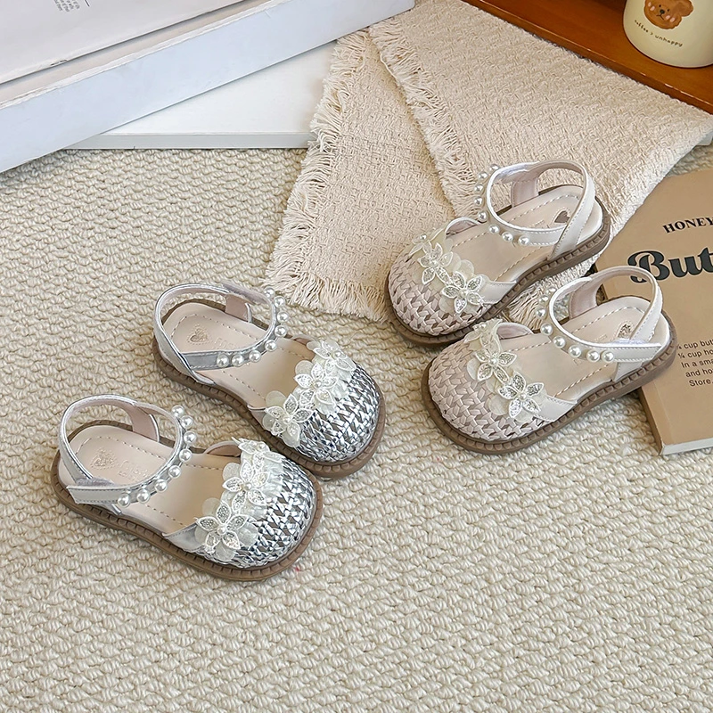 Girls Weave Pearls Sandals Children Summer Beach Shoes Kids Toes Capped Flowers Sandals Soft Sole 2026 Spring Summer New