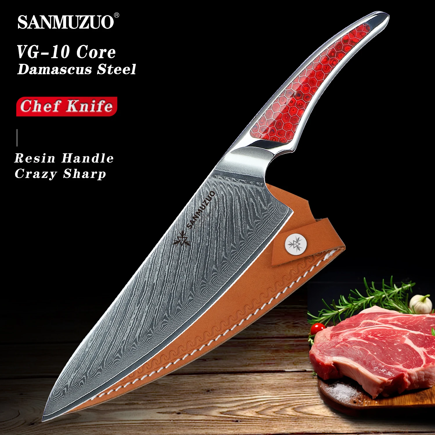 

SANMUZUO 8 inch Chef Knife, Japanese VG-10 Damascus Steel Kitchen Knife, Resin Handle, LA-S9 Series