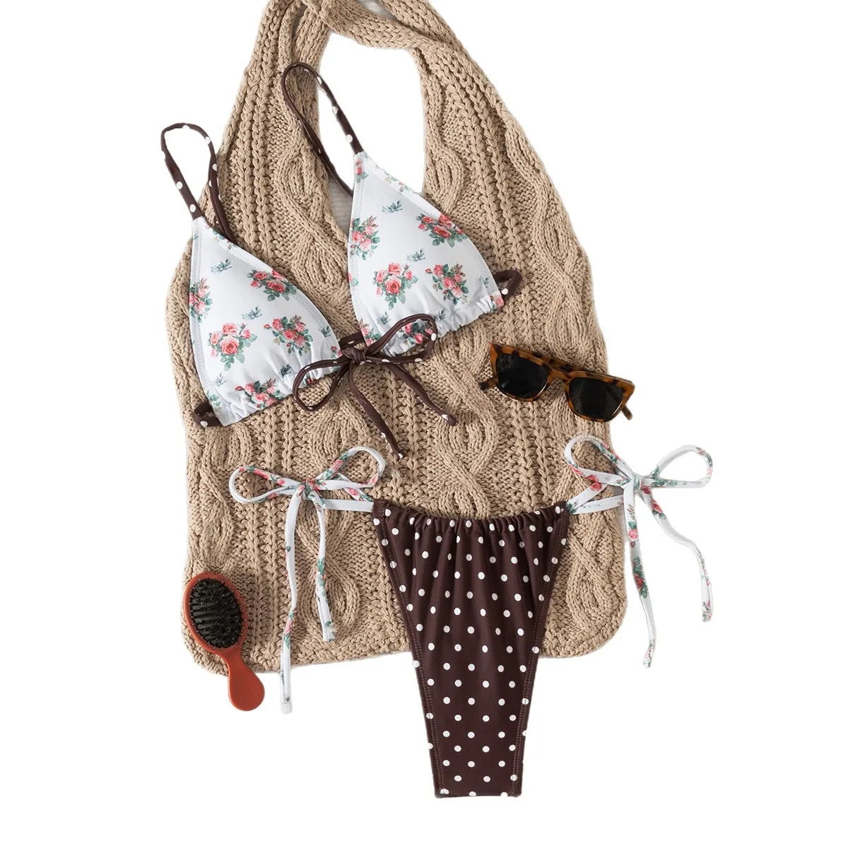 Сексуальное бикини с разрезом на шее и цветочным принтом в горошек, новинка 2023 года