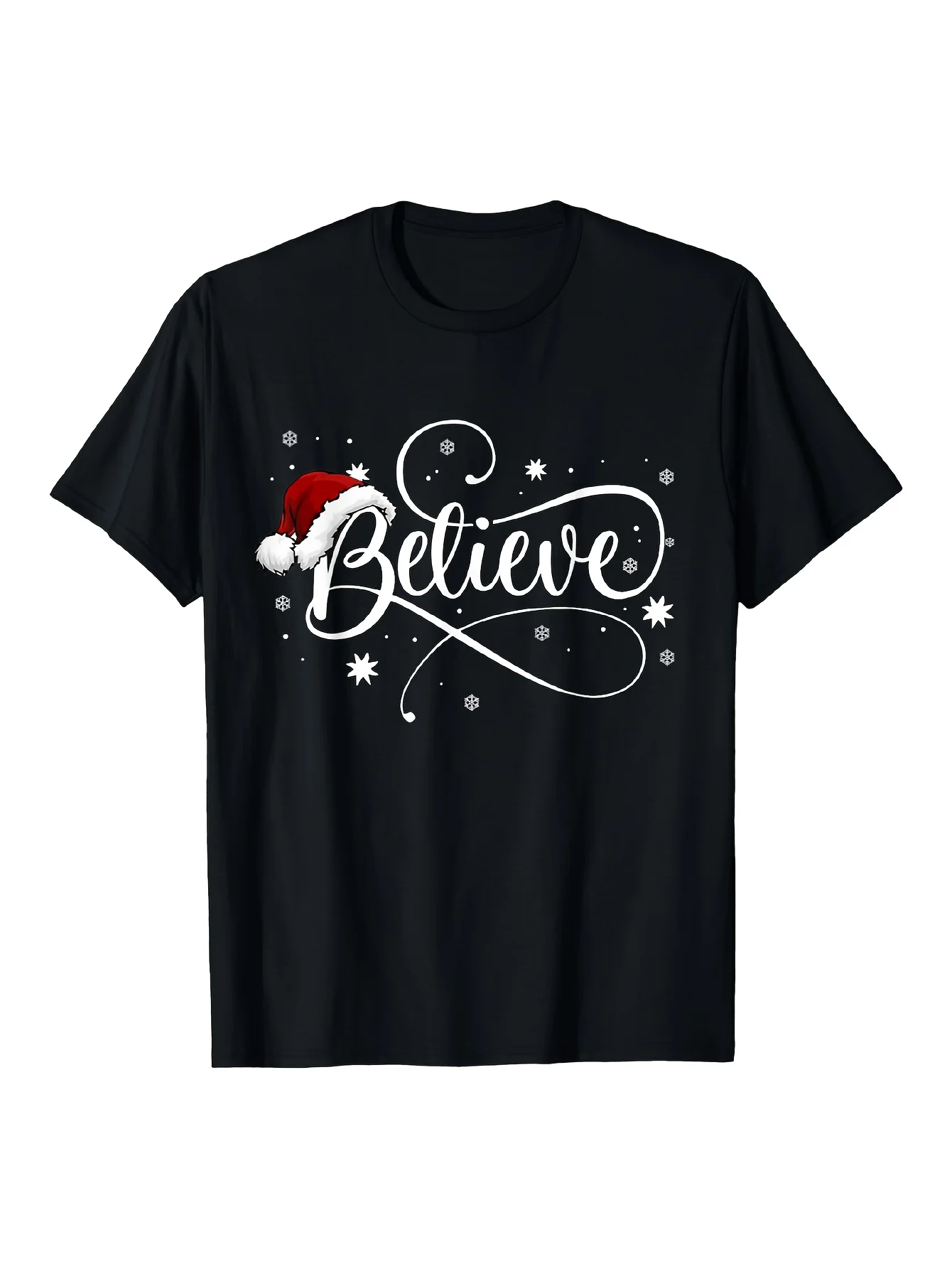تي شيرت عيد الميلاد للرجال والنساء - قميص الإيمان في سانتا كلوز والعطلات بأكمام قصيرة - طباعة سوداء وبيضاء - ناعم ومسامي