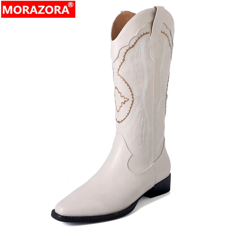 

MORAZORA 2024 New Embroider Genuine Leather Spring Boots Women Cool Female Slip On Mid Calf Boots Square Med Heels Shoes