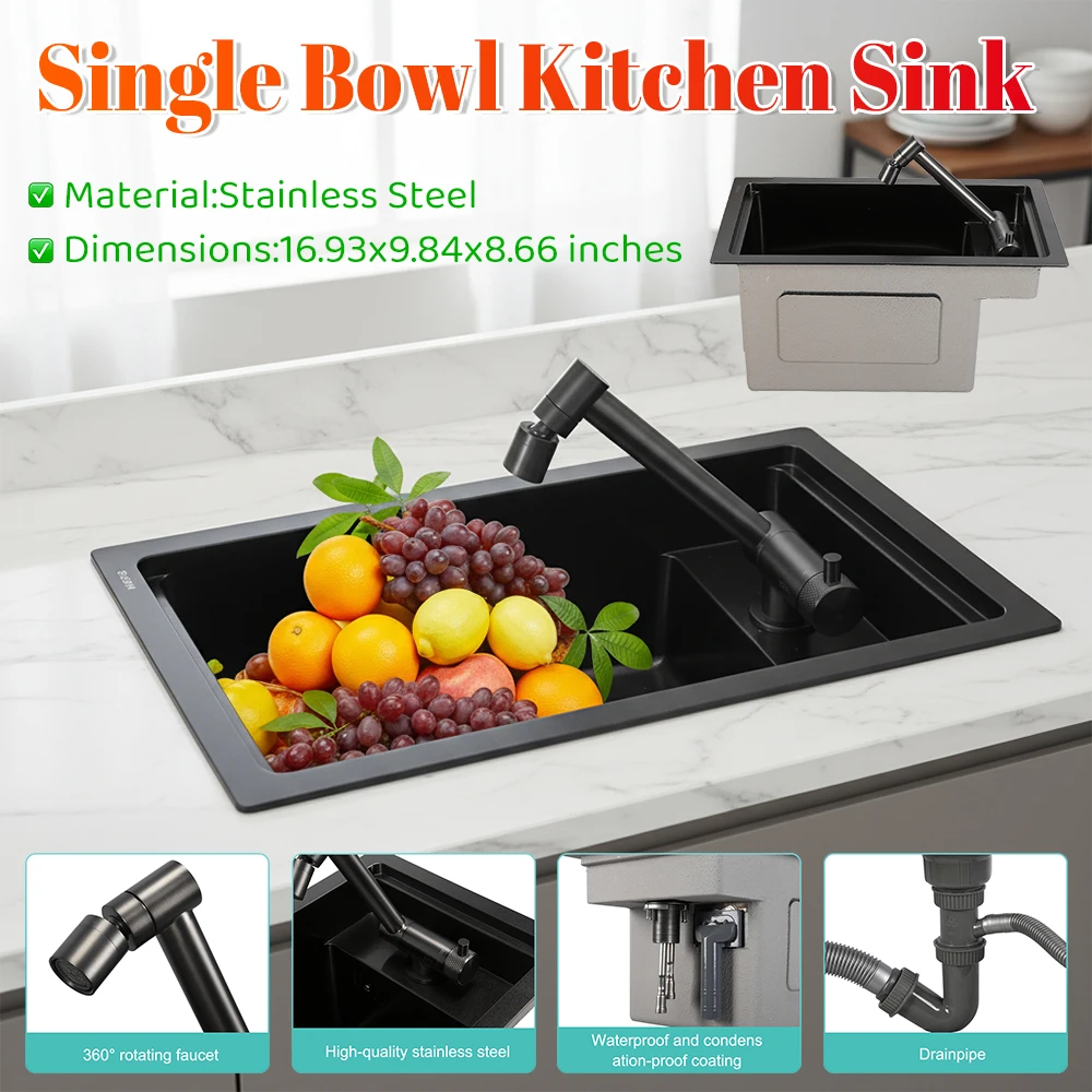 

304 Stainless Steel Undermount Bar Sink Single Bowl with Faucet Noise Reduction Pad for Home Apartment Camper Kitchen 16x9x8Inch