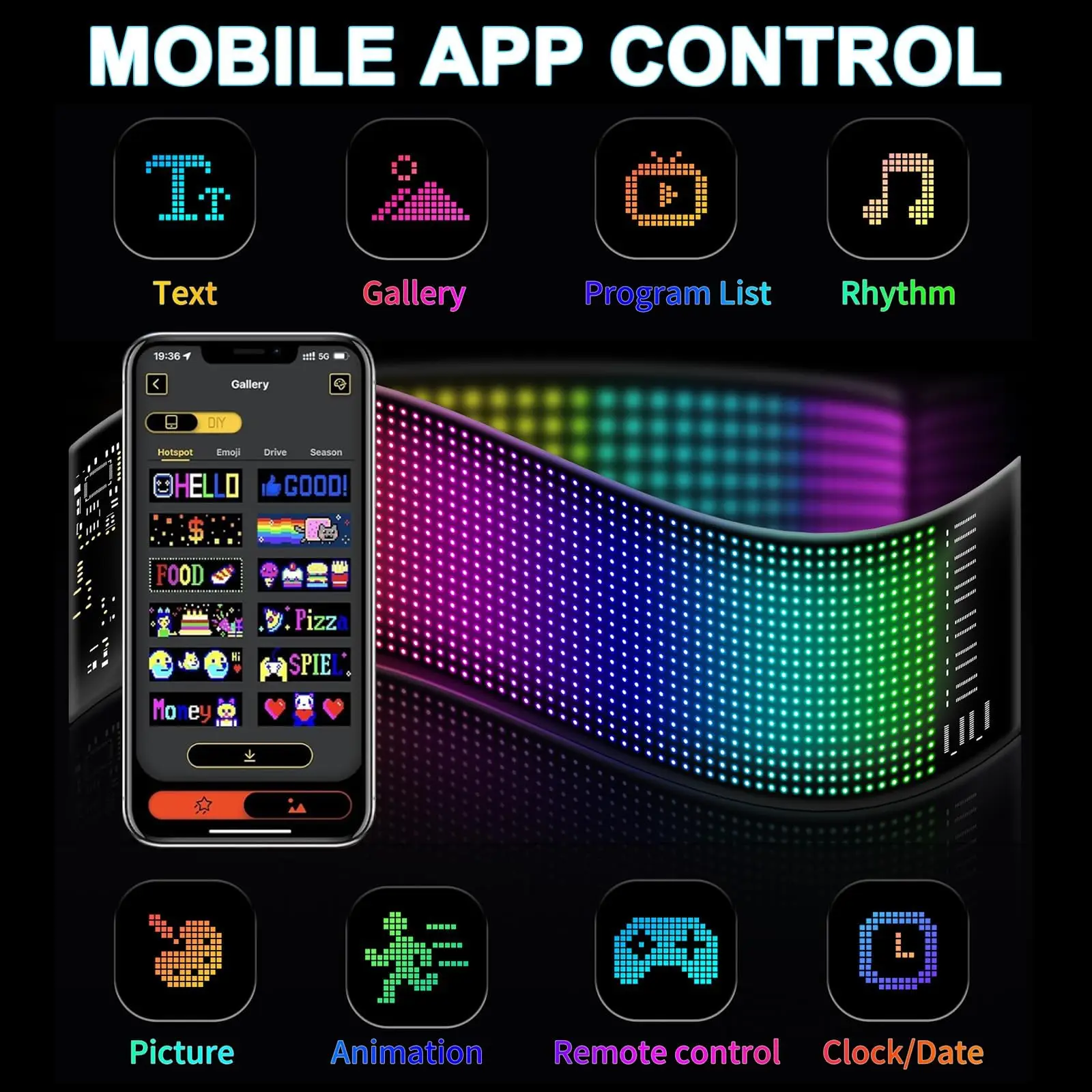 Señal LED Aplicación Bluetooth/Control remoto Luces interiores de coche programables flexibles USB 5V Panel de matriz de patrón de texto personalizado 17x7 cm
