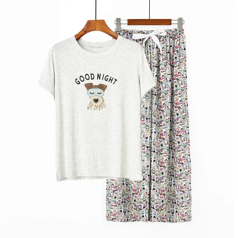 

Lady's Loungewear Summer Modal Short Sleeve Pajamas Sets Cooling Cropped Pants Lightweight Comfort Casual Homewear 2pcs