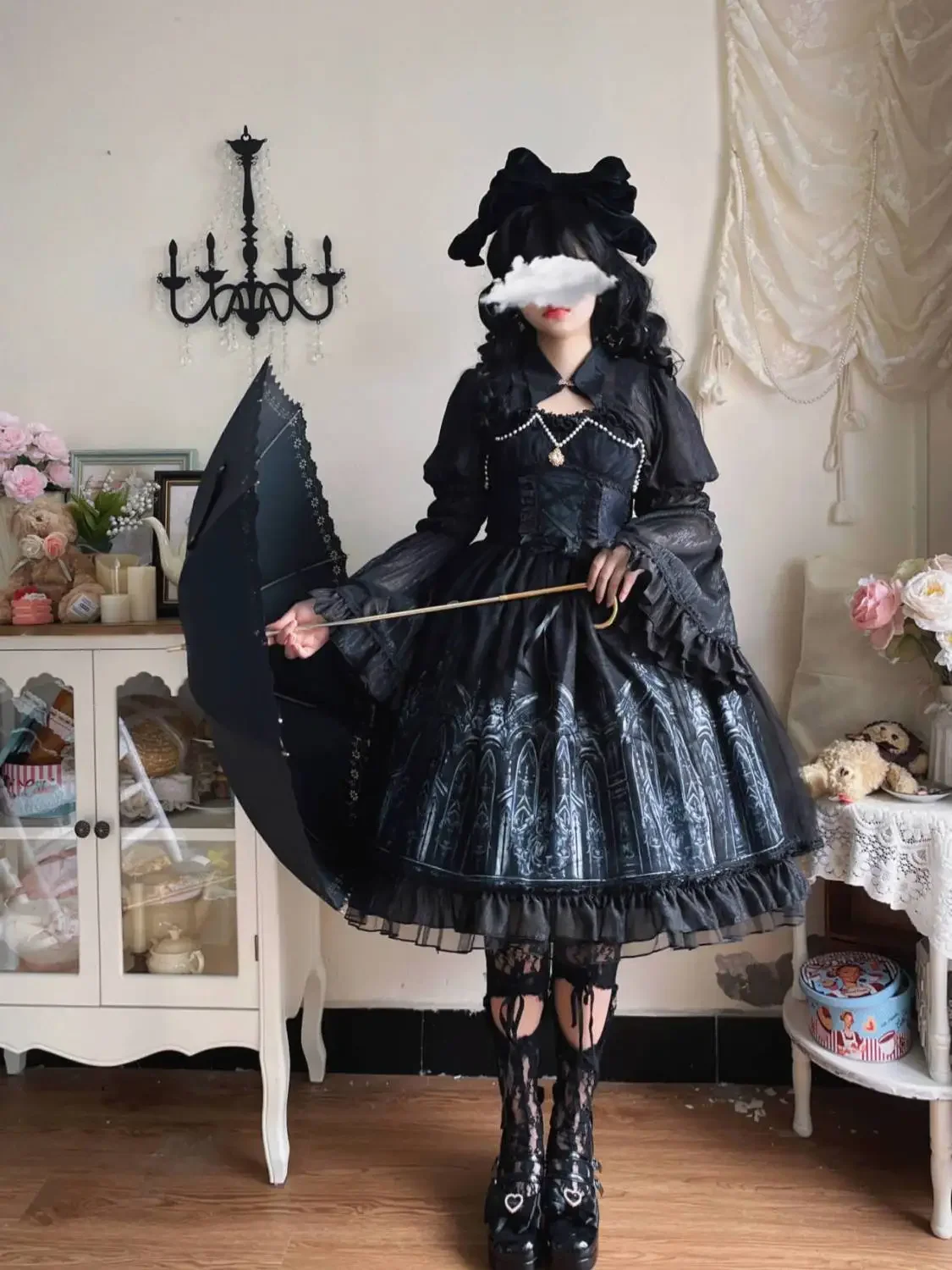 Lolita Costume Women Party Dress Pattern Skirt Court Style Female Black Long-Sleeved Exquisite Daily Elegant Dress