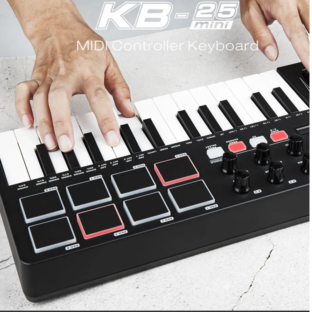 KOKKO 25 Key MIDI Keyboard 8 Impact Pads USB Connection Built in Arpeggios Bent Keyboard Tone 8 Knobs OLED Display Screen