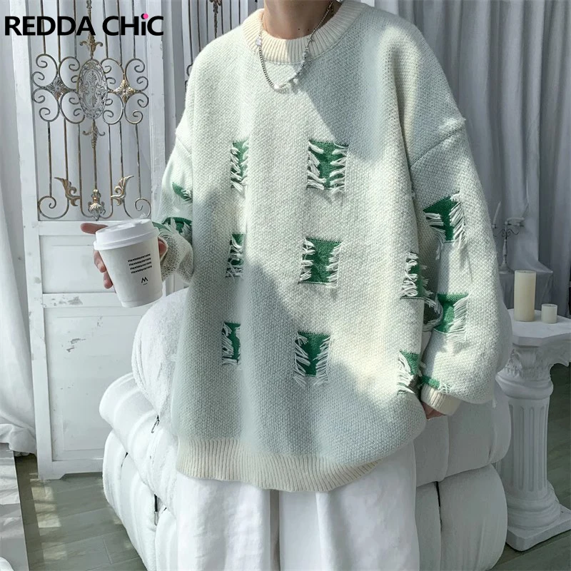 REDDACHIC Destoryed Loose Casual Sweater Ripped Holes Men Round Neck Long Sleeves Jumper Top Korean Y2k Retro Pullover Knitwear