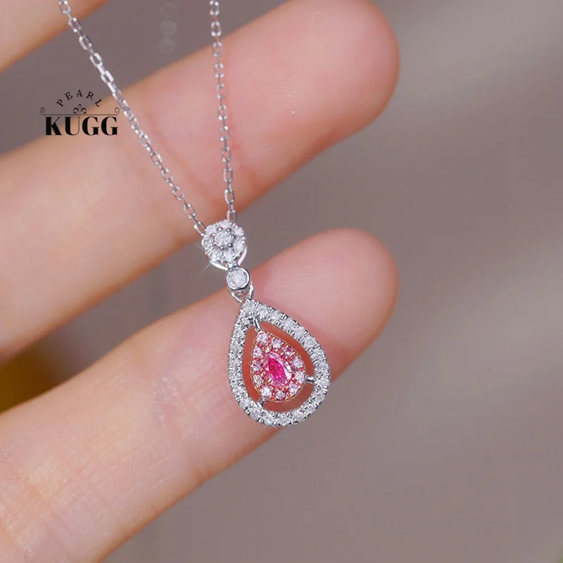 

KUGG 18K White Gold Necklace Elegant Water Drop Shape 0.28carat Real Natural Pink Dimaond Necklace for Women High Birthday Gift