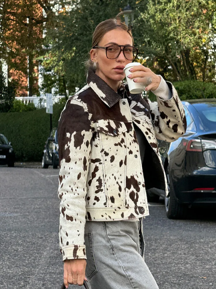 TRAFZA, abrigos de estilo informal de otoño para mujer, chaquetas de moda con estampado de cuello vuelto y mangas largas con bolsillo y una botonadura para mujer