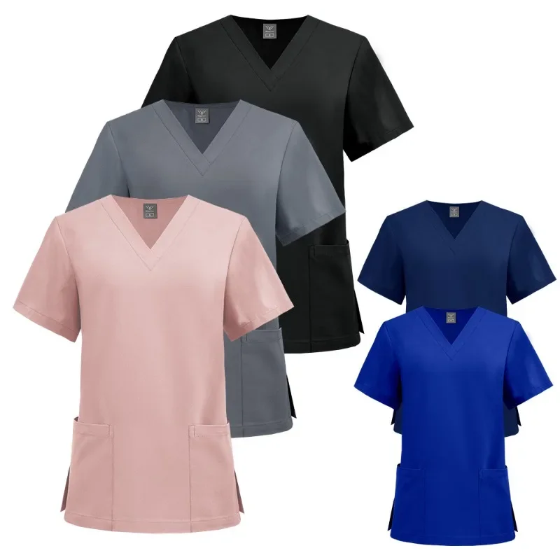 

Elastic Single Top Hand Washing Clothes The Same V-neck Pocket Short-sleeved Thin Nurse Uniform for Men and Women