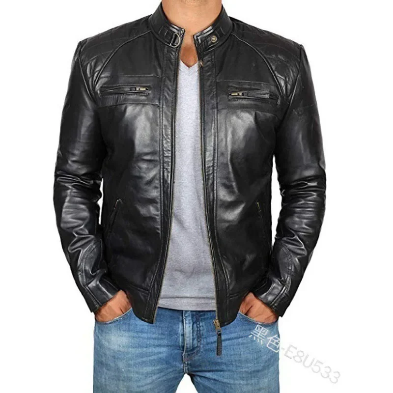 Europe and America Men Pu Leather Jacket Youth Standing Collar Punk Motorcycle Embossed-fit Leather Jacket