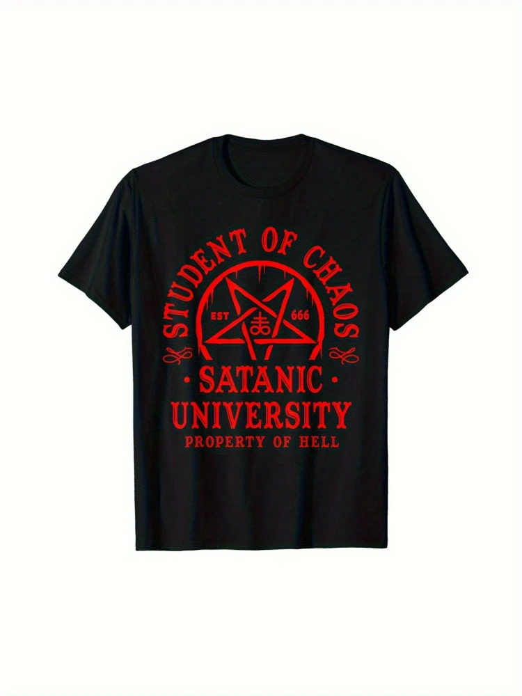 Gothic University Graphic with Red Pentagram Design-100% cotton summer O-neck short sleeve casual printed men's T-shirt.