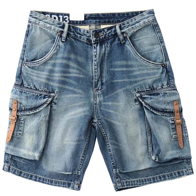 

Multi-pocket five division pantsuits may Khaki Japanese retro loose straight wash denim shorts for men