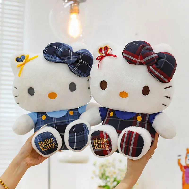 

Kawaii Hello Kitty Plush Toy Cute School Uniform Kitty Doll Checkered Outfit Stuffed Animal for Kids Birthday Gift Soft Plushie