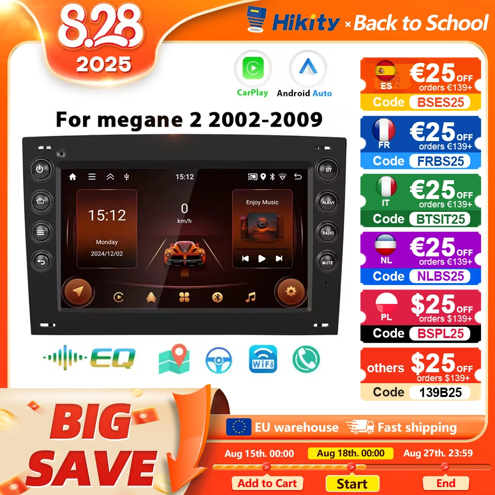 Hikity 7 ''Android 2 Din Carplay autoradio per Renault Megane 2 2002- 2009 navigazione GPS Bluetooth FM ricevitore Radio RDS