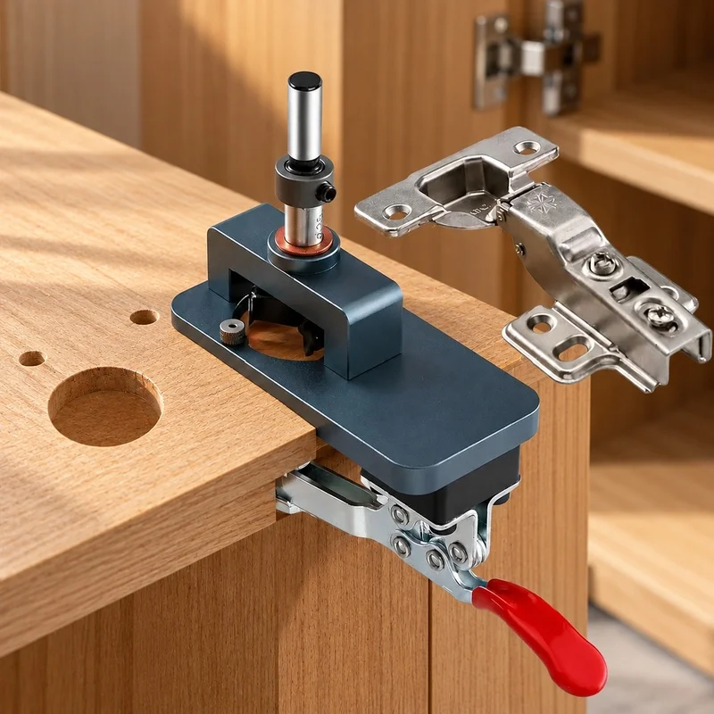 Precision Drill Guide Clamp for 35mm Cabinet Hinges - Adjustable Edge Fixture for Furniture Assembly