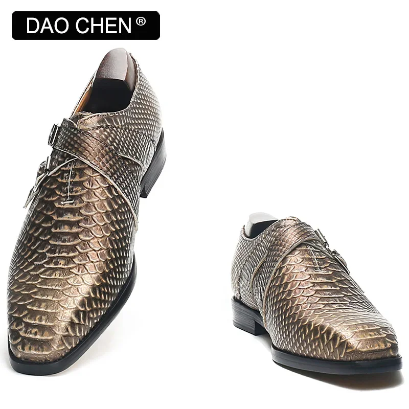 

LUXURY MEN LOAFERS SHOES SNAKE PRINT LEATHER CASUAL DRESS SHOES BUCKLE STRAP SLIP ON OFFICE WEDDING MONK SHOES FOR MEN