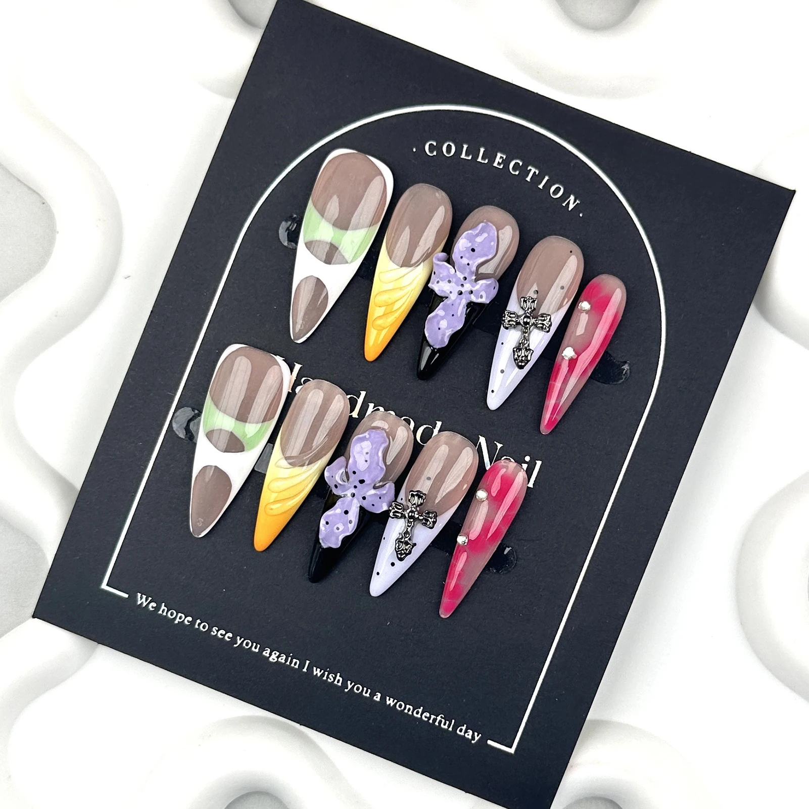 

10pcs Y2k Sweet Cool False Nails Hand-carved Flower Colorful French Tip Handmade Press On Nails Long Stiletto European Fake Nail