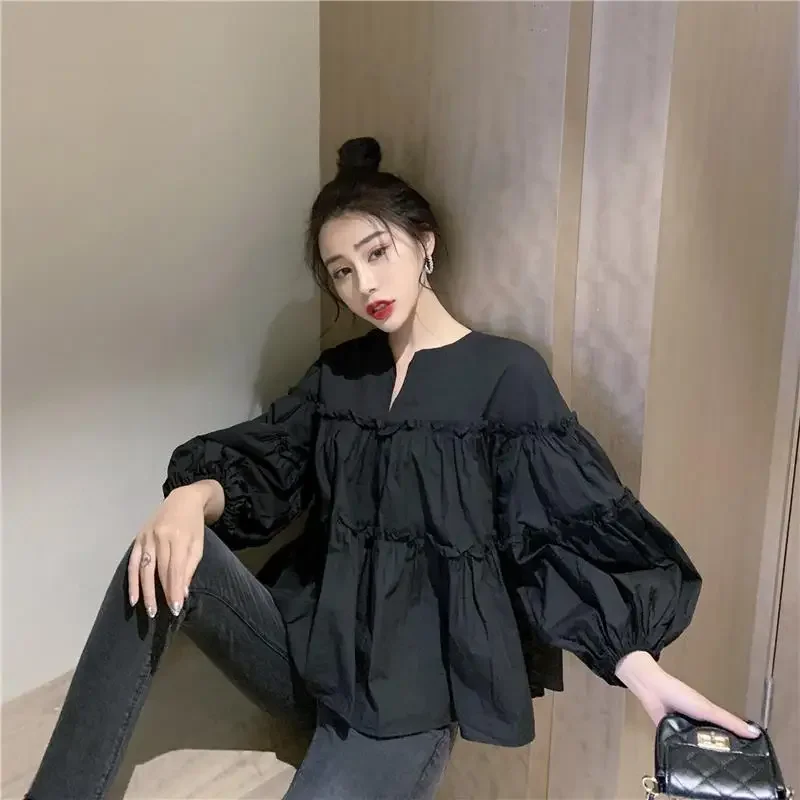 Women Blouses 2024 New Autumn Cotton Sweet Full Solid Puff Sleeve Folded Vintage Korean Ladylike Loose Shirt Large Size