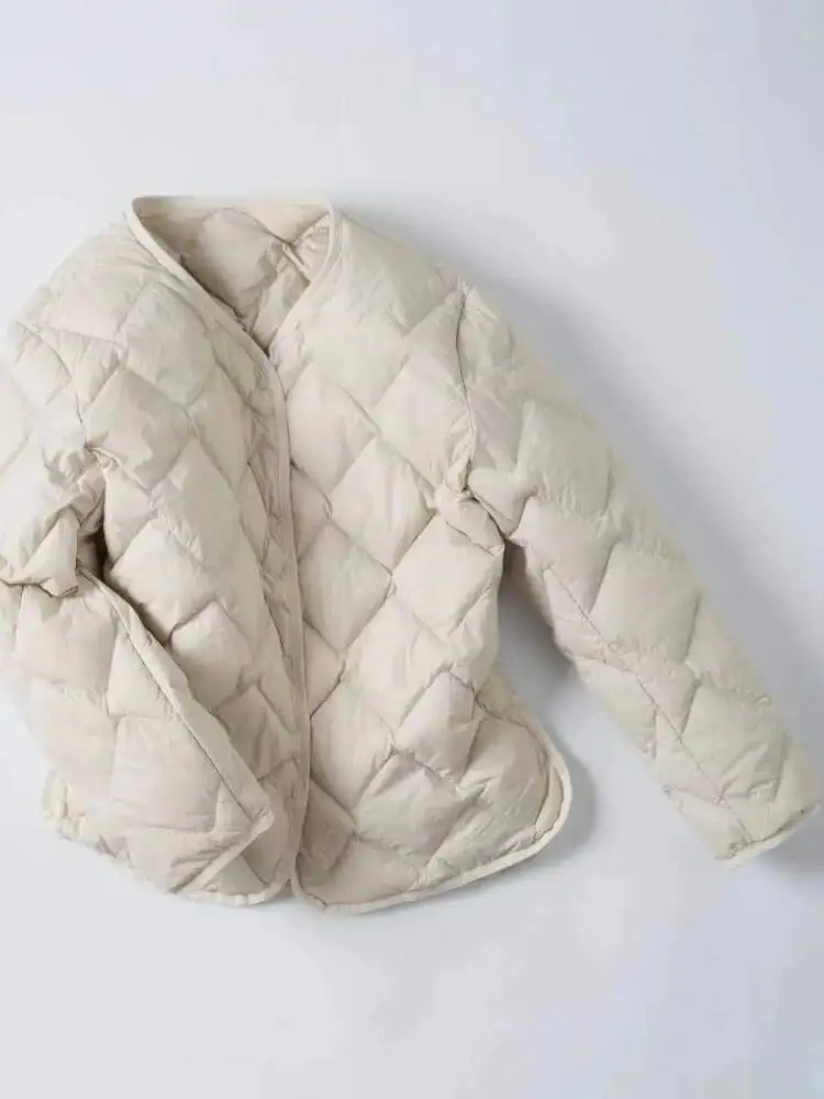 Women Lightweight Down Jacket Diamond Grid Collarless Autumn Winter White Duck Down Thickening Casual Down Coat Female Outwear