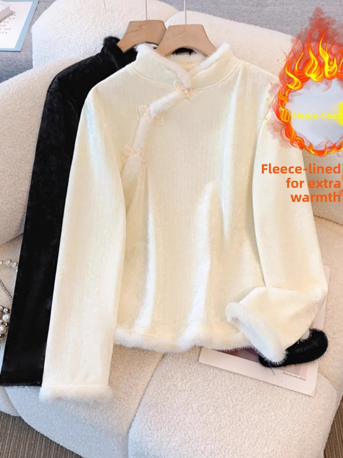 

New Chinese Sle Thiened Fce Women's irt with Button Collar Long Sve Warm Inner Wear Base Top Slanting Lapel Qipao