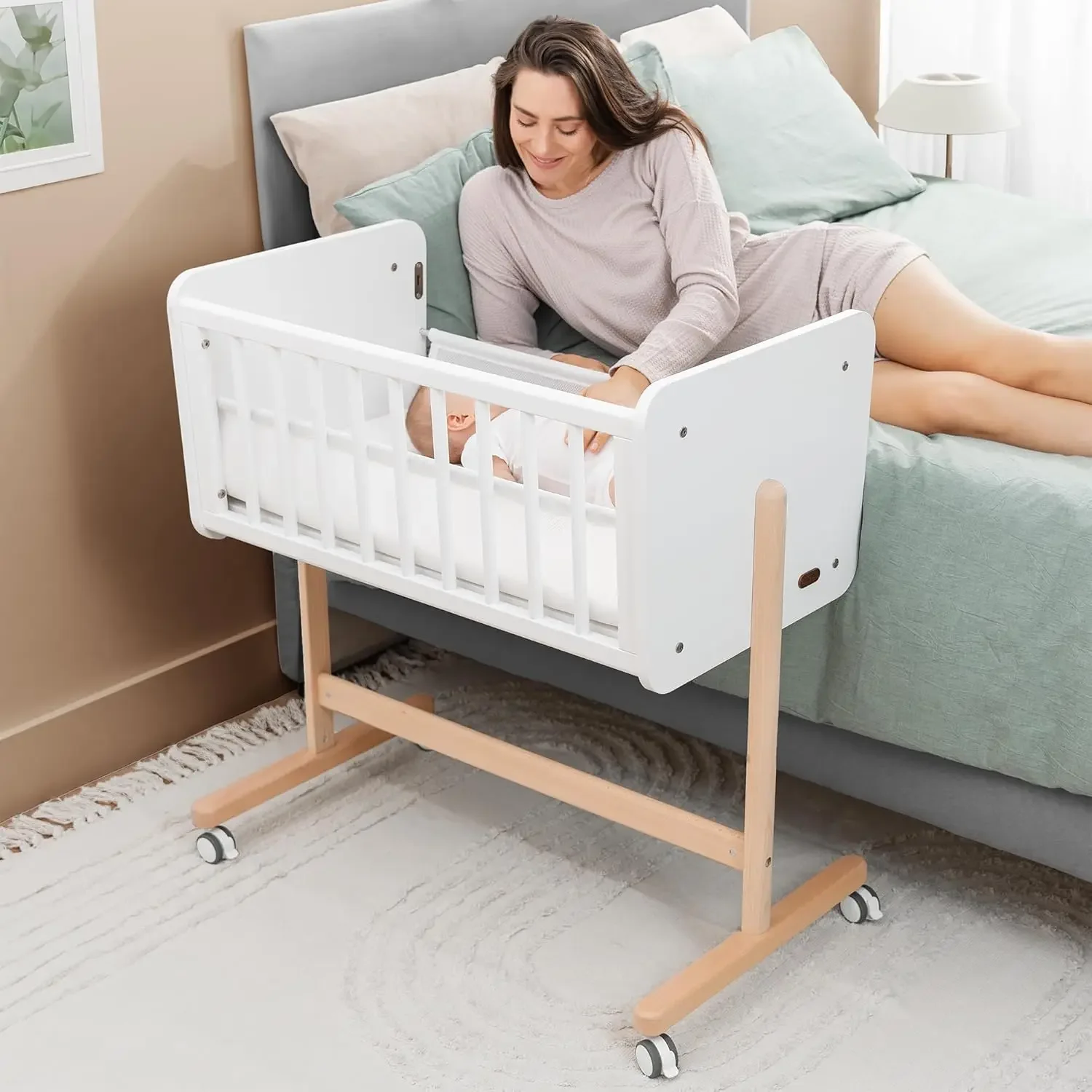 Cubs Wooden Bedside Bassinet Sleeper - เปลเด็กที่ปลอดภัยและมีสไตล์ - เปลเด็กที่เหมาะสําหรับทารกแรกเกิดและทารก -