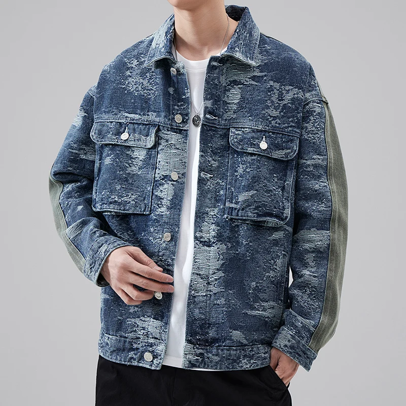 Jaket Jepang Retro baru 2024 pria ukuran plus mode desain jahitan dicuci tren jalan kerah longgar pakaian denim Y2K