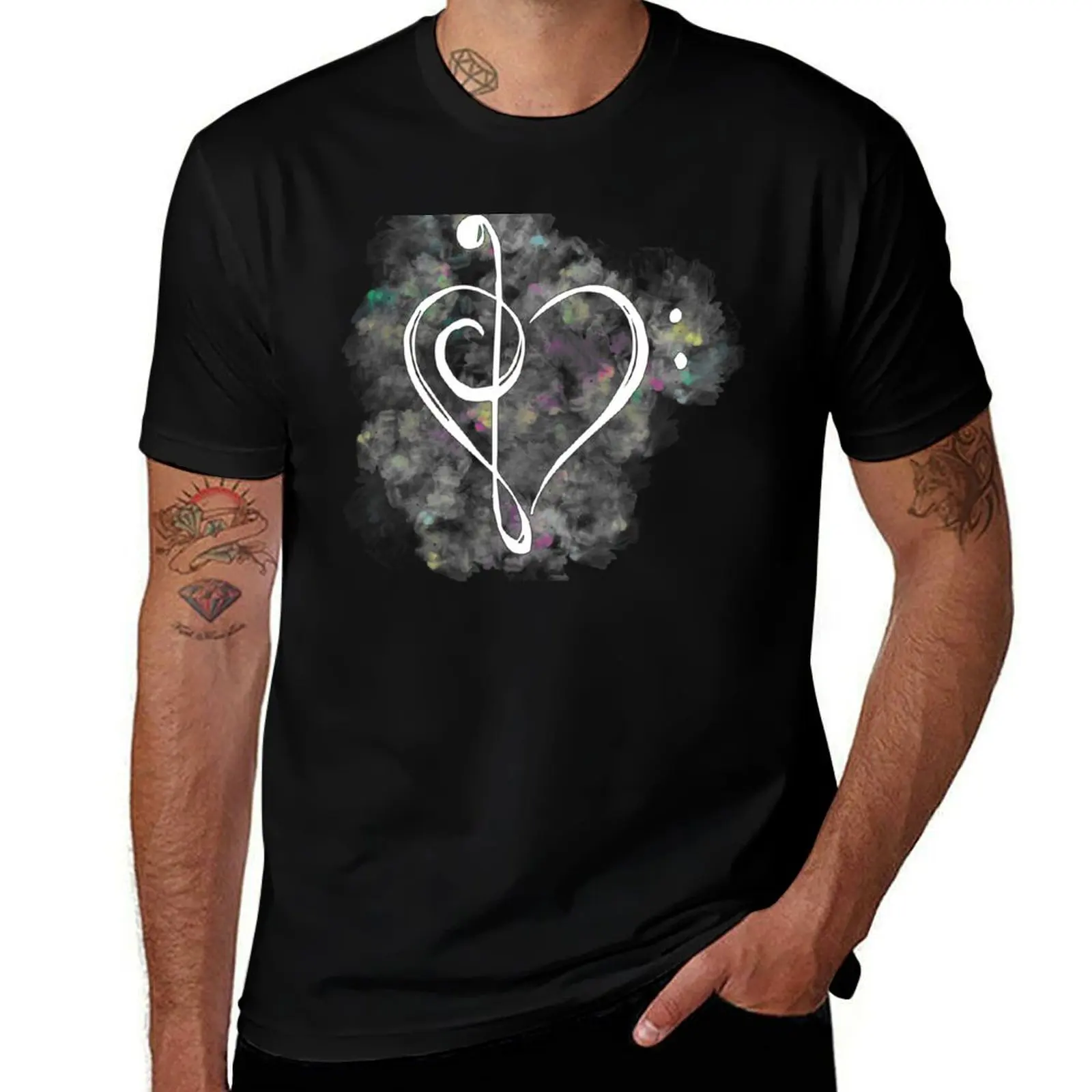 Love Music - Treble and Bass Clef Heart - white - water color T-Shirt Summer Print Short Sleeve Tee T-Shirt