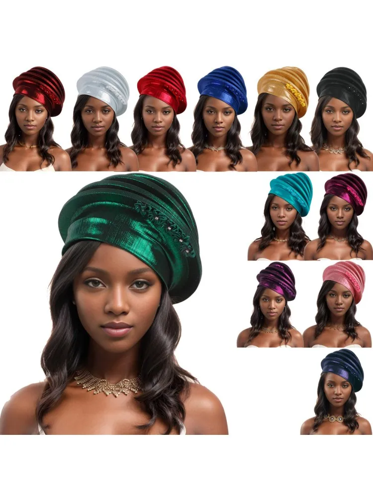 2024 New African Headtie Turban Nigeria Auto Gele Head Wraps Auto Gele Women\'s Turban Cap Wedding Geles Muslim Head Wraps Bonnet