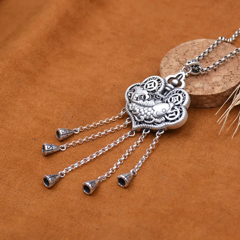 New in Exquisite Ruyi Lock Long Tassel Pendant silver 925 Exquisite Design Carp charms necklaces Banquet Jewelry Gift